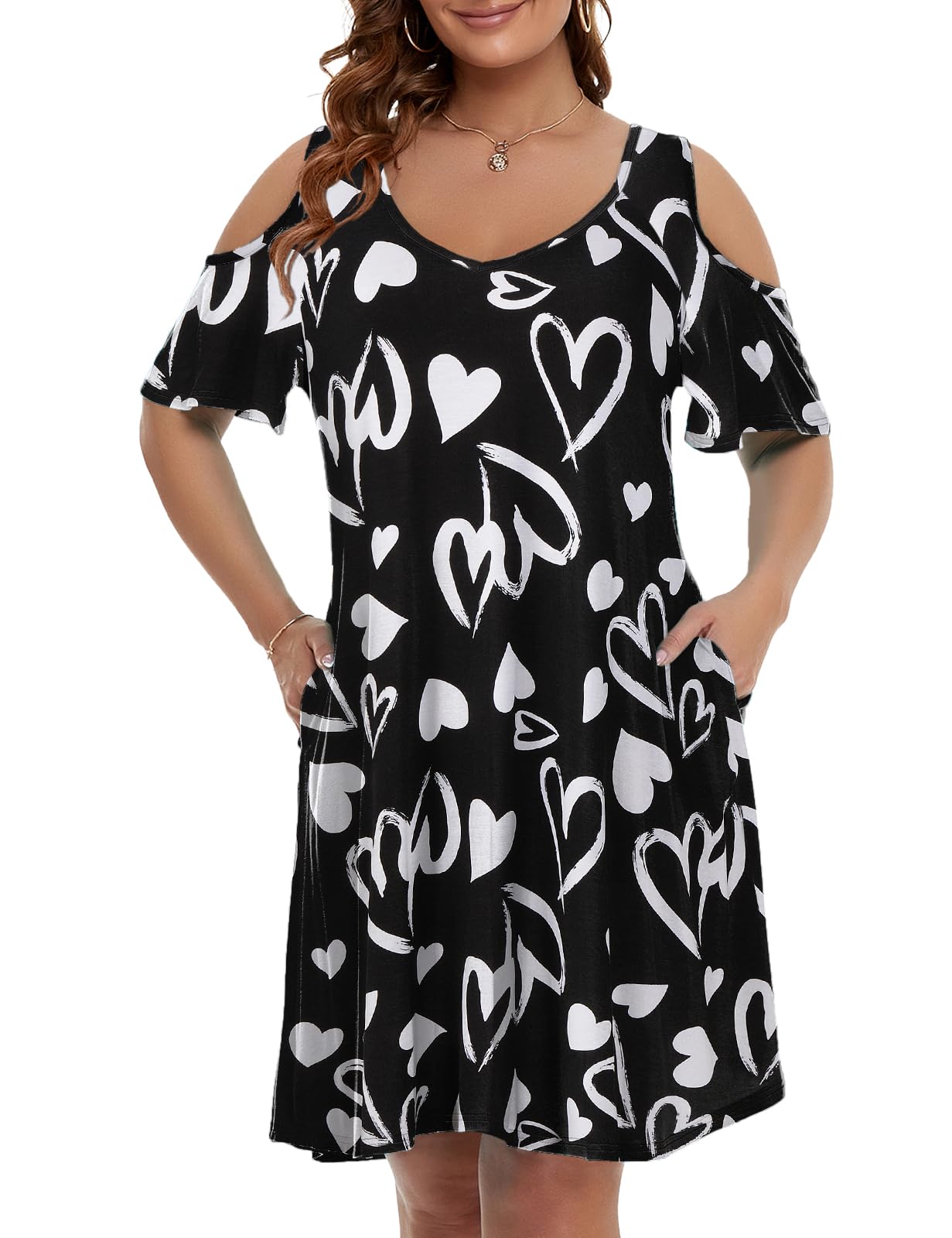 JollieLovin Womens Plus Size Cold Shoulder Beach Sundresses V Neck T-Shirt Dress with Pockets(4X,Flower97) Image