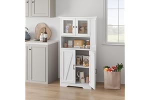 TackView 54" Tall White Farmhouse Storage Cabinet, Glass Doors, Adjustable Shelves, Freestanding Bathroom/Kitchen/Pantry/Livi