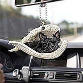 Talataca Scottish Terrier Sleeping Angel Wing Memorial Dog 2D Flat Car Rear View Mirror Accessories Christmas Tree Ornament Decoration Hanging Charm Interior Rearview Pendant Decor Gift