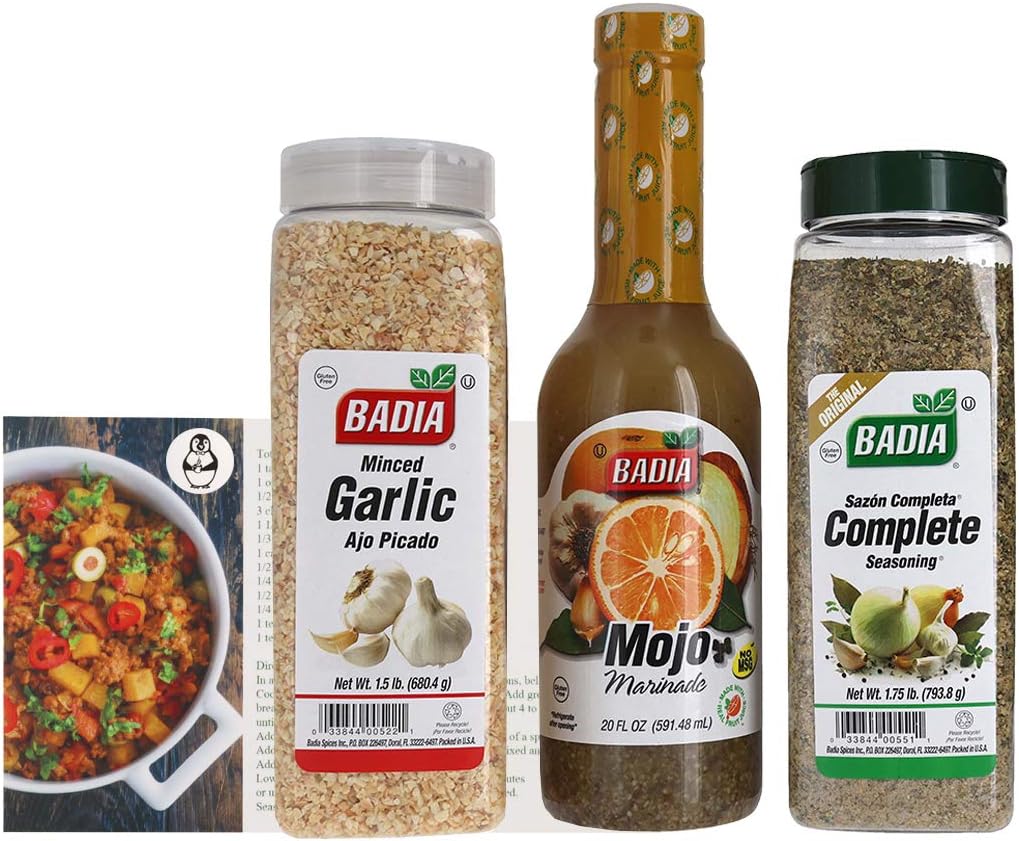 Badia Complete Seasoning, Mojo Marinade Sauce, And Minced Garlic Bundle (Set of 3) W/ Premium Penguin Recipe Card
