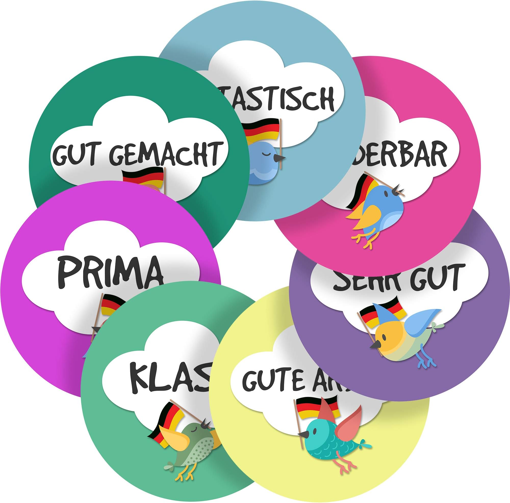 Colorful Birds German Lessons Reward Sticker Labels, 35 Stickers @ 1.4" inch, Glossy Photo Quality, Ideal for Children Parents Teachers Schools Doctors Nurses Opticians