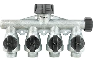 Gilmour Heavy Duty 4 Way Garden Hose Splitter, Quad Water Hose Splitter with Shut Off Valve, Metal Water Manifold, Aluminum