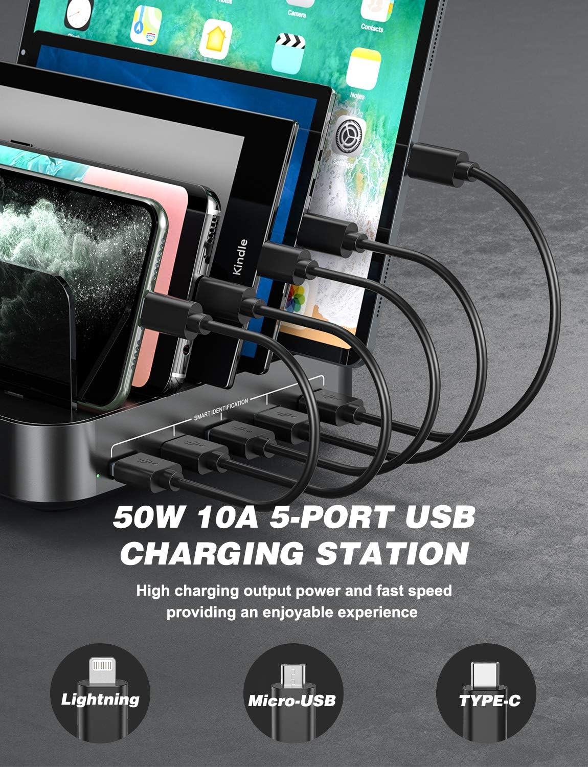 Charging Station, Vogek 50W 10A 5-Port USB Charging Station for Multiple Device with 8 Short Mixed Cables Watch & Airpod Stand Included for Cell Phones, Smart Phones, Tablets, iWatch, Airpods -Black