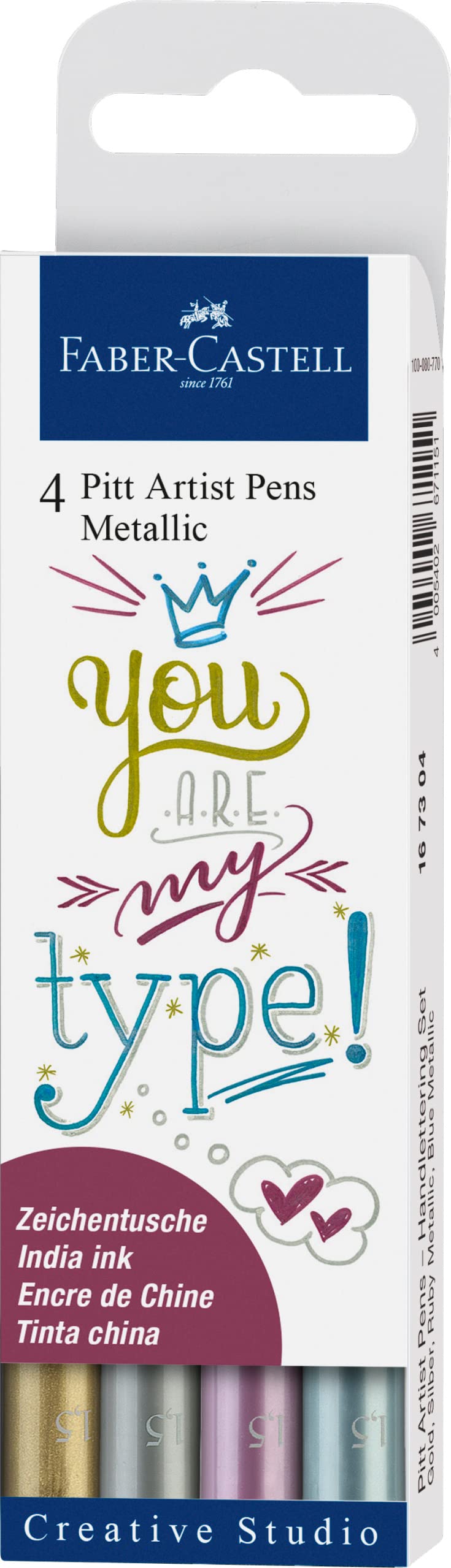 Faber-Castell Creative Studio Pitt Artist Pen Metallic 1.5 India Ink Pen, Wallet of 4, Wallet of 4, for Art, Craft, Drawing, Sketching, Home, School, University, Colouring