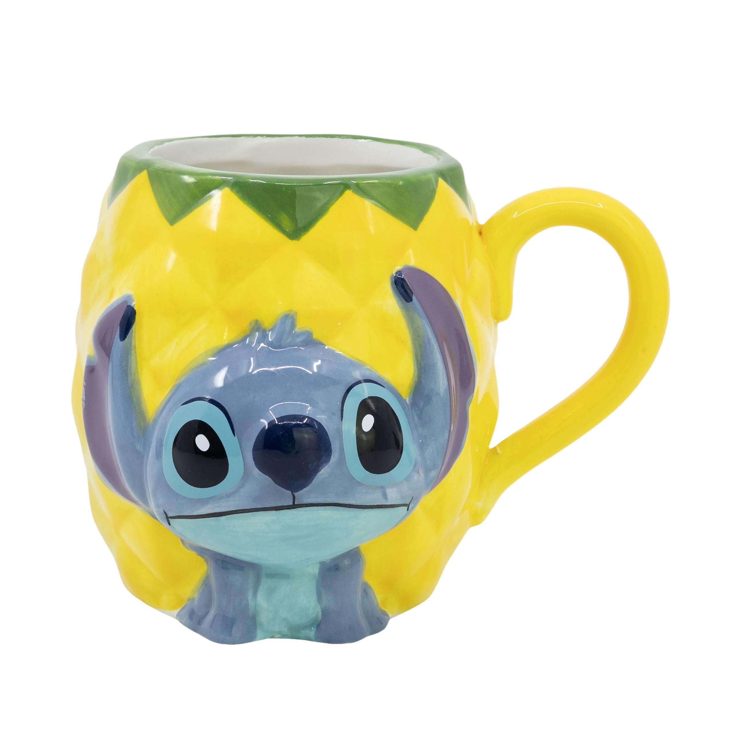 Elbenwald 3D Design Mug for Lilo & Stitch Fans - Stitch Pineapple Design - 9.5 x 10.5 x 13 cm - 420 ml - Ceramic - Yellow