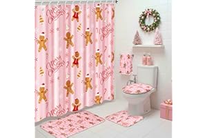 Maasechs 6 Pcs Christmas Gingerbread Man Shower Curtain Sets Bathroom Set with Waterproof Shower Curtain 72 x 72 Inches Toilet Lid Cover Towel U Shaped Rugs Non Slip Bath Mat Hook for Bathroom Decor
