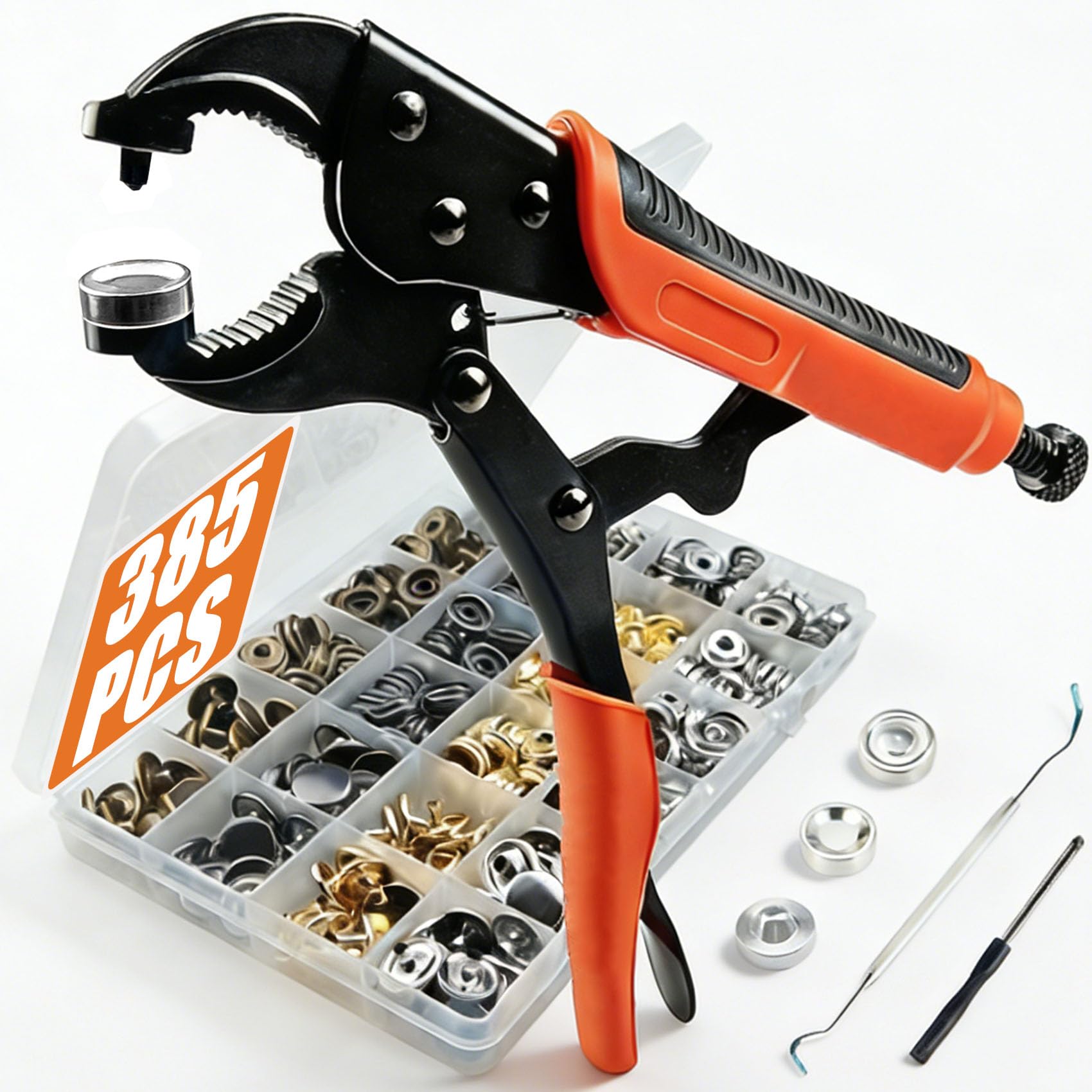 Photo 1 of 385 PCS Snap Fastener Tool Kit with Snap Buttons for Fabric, Boat Cover, Canvas tarp, Leather, Clothing, Heavy Duty Snap Setter Tool?Metal Snap Buttons with Fastener Pliers kit, 100 Sets 4 Color