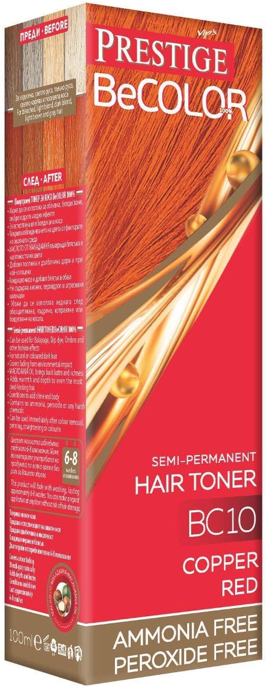 VIPs Prestige Semi Permanent Hair Dye Red Copper BC10 Becolor | No Peroxide & No Ammonia Hair Toner | Ginger Red Semi-permanent Hair Colour for Women with Nettle Extract | Temporary Hair Dye | 100 ML