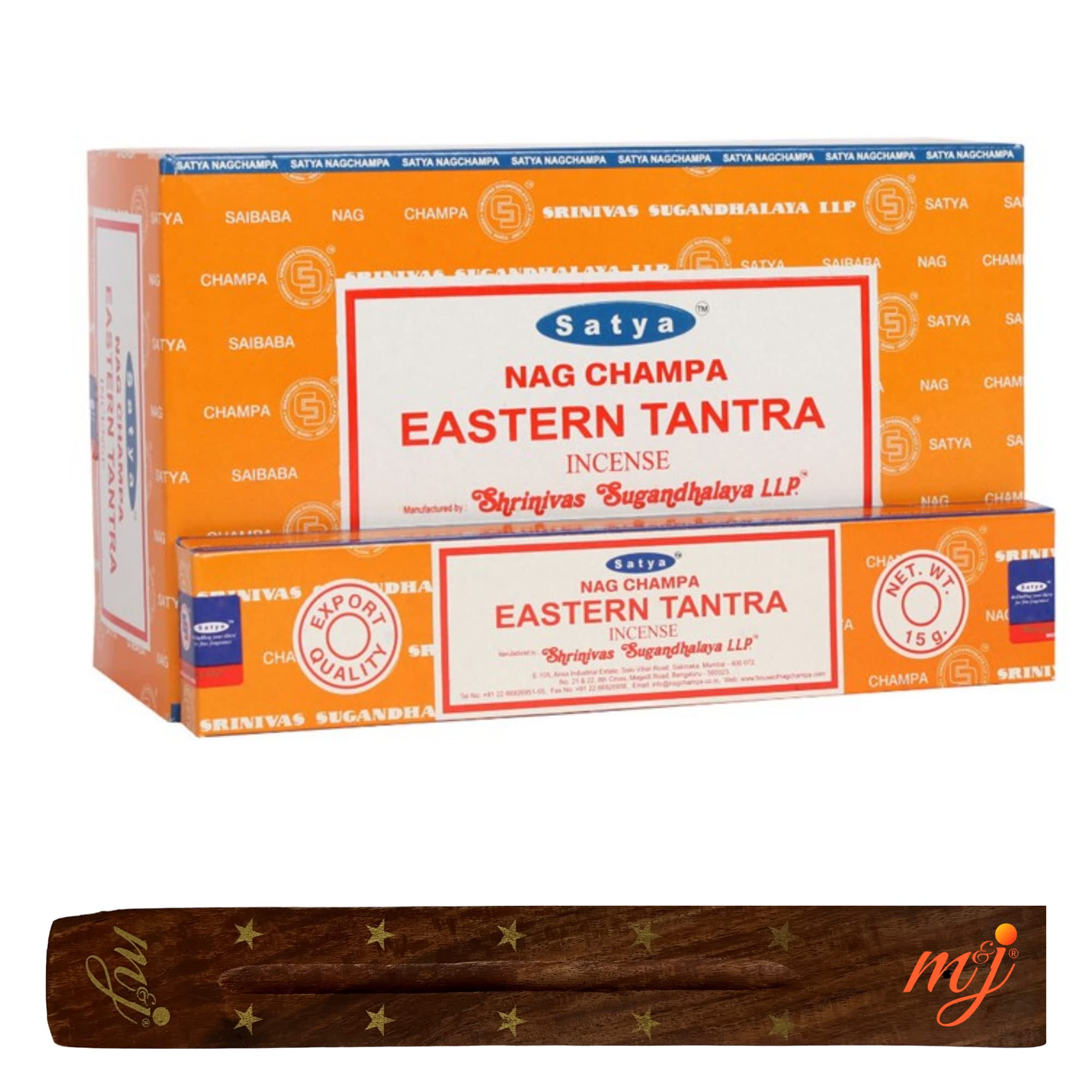 Original Satya Nag Champa Eastern Tantra Incense Sticks | with M&J incense sticks holder | Full Box | for Aromatherapy, Spa, Yoga, Weddings, Meditation, Healing, Positivity and Relaxation