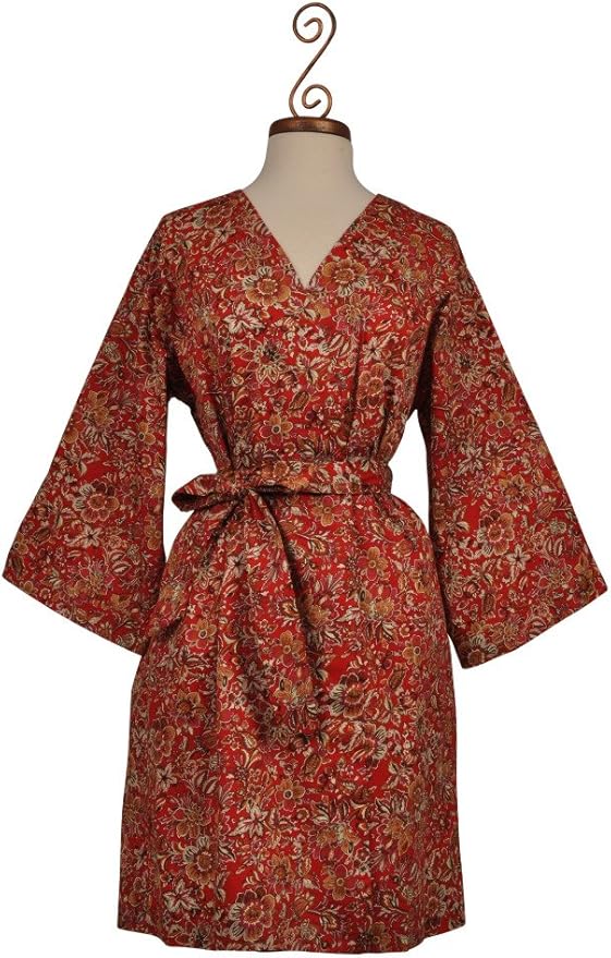 Dynasty Robes Women's Short Printed Red Cotton Robe with Kimono Collar