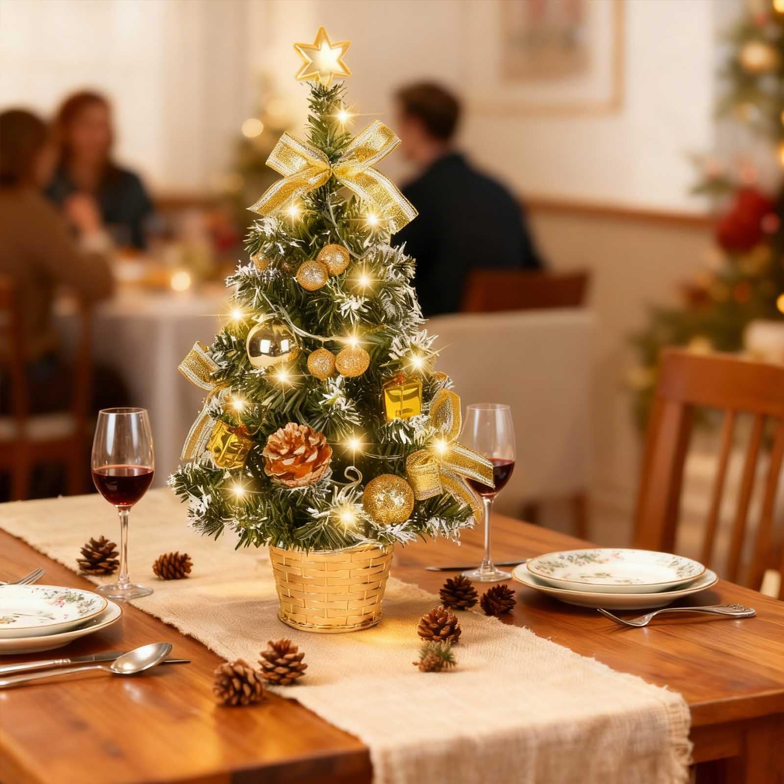 Mrinb 45CM Artificial Mini Christmas Tree with Battery Operated LED Lights, Includes Star, Baubles, Bows, Pine Cones, Tabletop Xmas Decor for Home, Office, Bar(Gold)