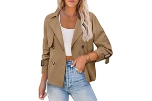 AGSEEM Womens Cropped Trench Coat Casual Double Breasted Long Sleeve Lapel Short Jackets with Pockets Fashion Outerwear 2025