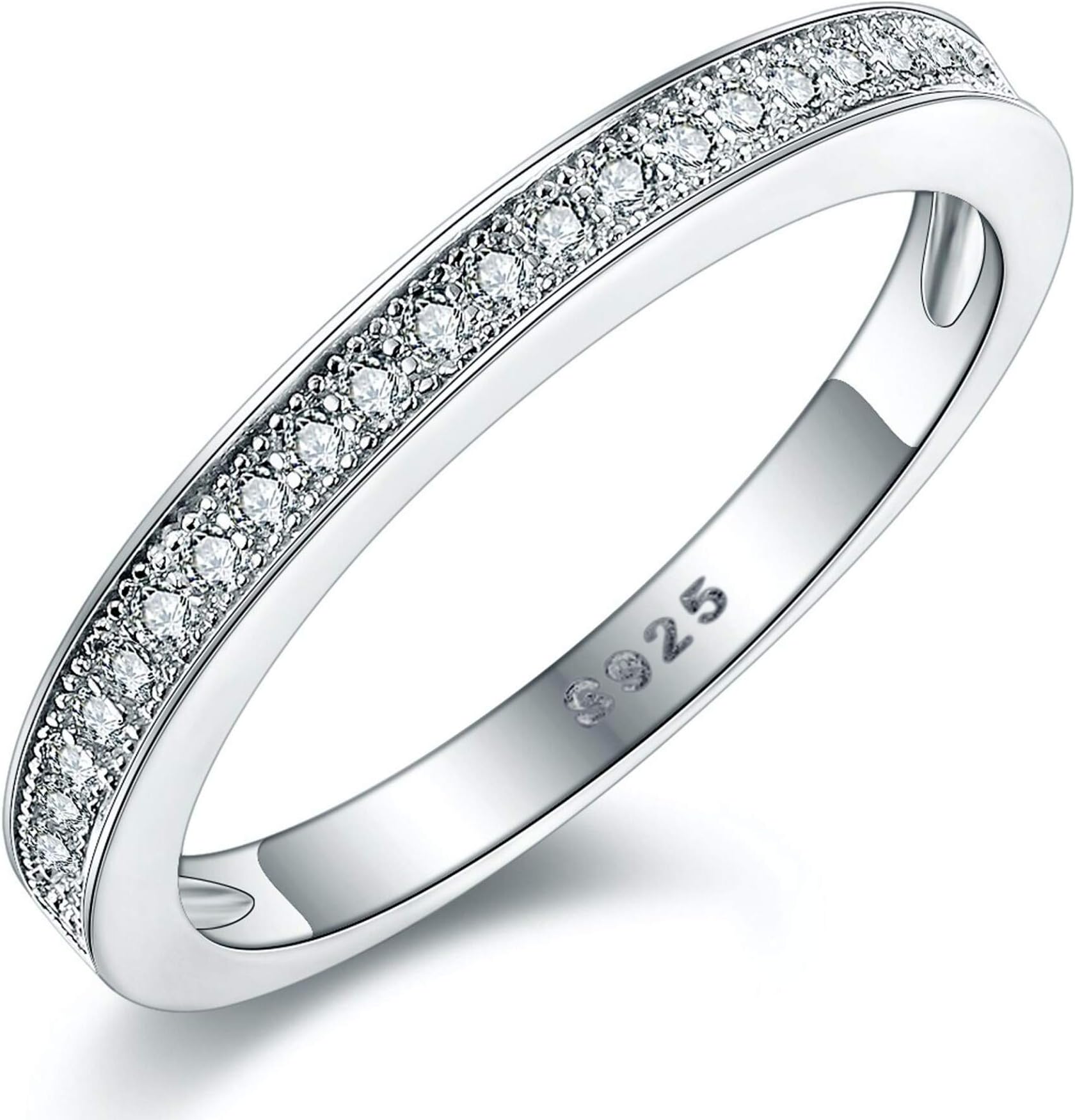Women's Milgrain-Pave Set STERLING SILVER RING. Vintage Style Half Eternity Wedding Anniversary Band Ring With AAAAA Cubic Zirconia Stones. 925 STAMPED.