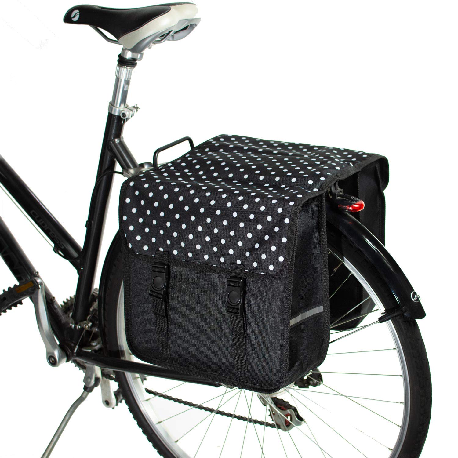 BikyBag Classic - Double Bicycle Panniers - 26L Water-Resistant Bike Pannier Bag for Rear Rack | Commuter & Shopping Cycling Bag (White Polka Dots)