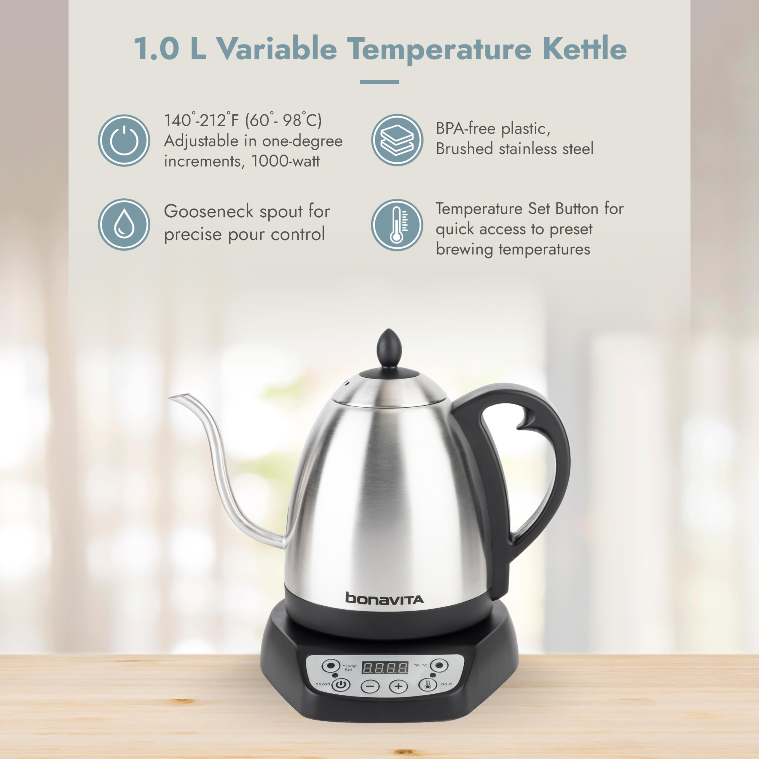 Bonavita 1L Digital Variable Temperature Gooseneck Electric Kettle for Coffee Brew and Tea Precise Pour Control, 6 Preset Temps, Café or Home Use, 1000 Watt, Stainless Steel