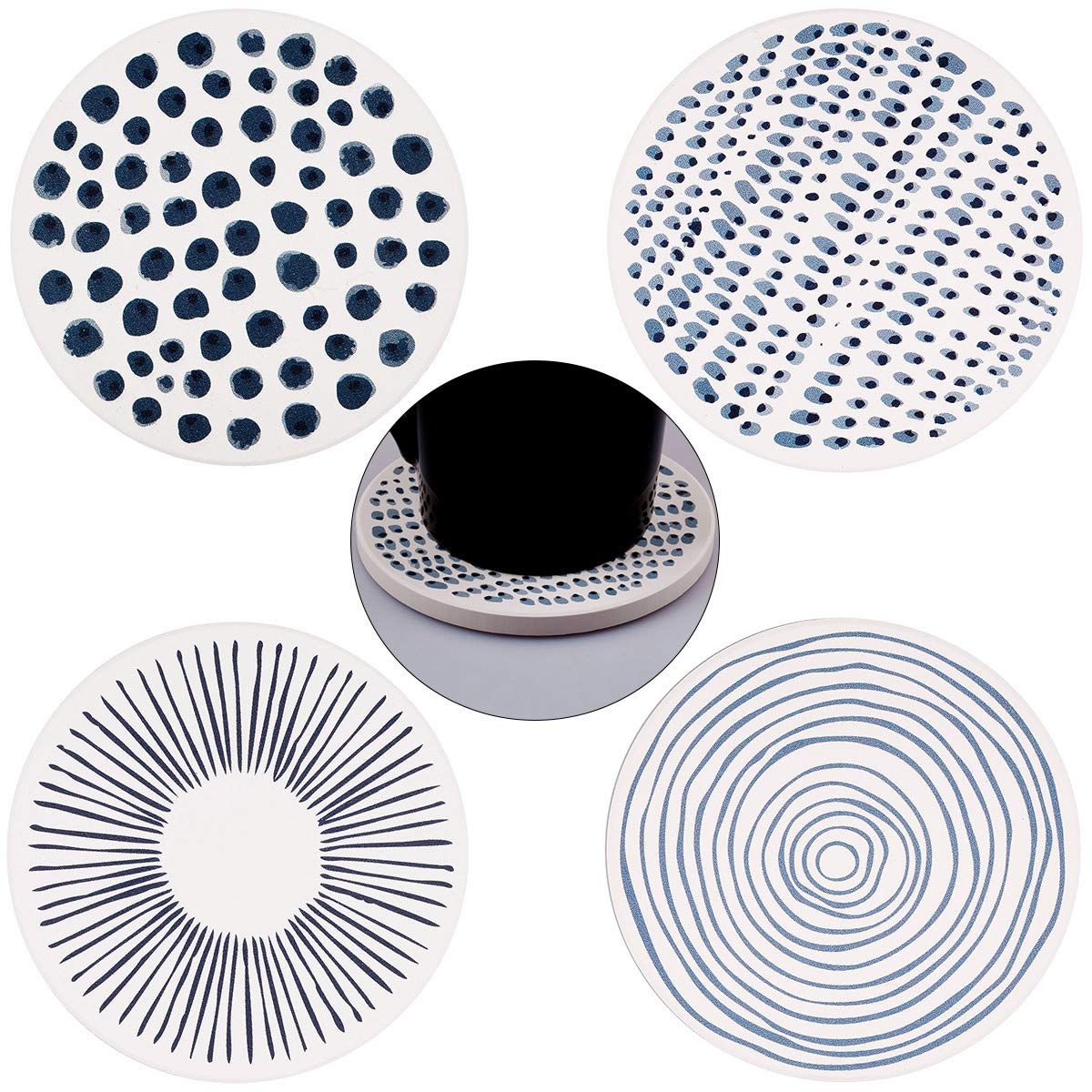 KYEYGWO Natural Diatomite Absorbent Coasters Set of 4, Round Drink Coasters with Cork Backing, Stone for Home Decoration