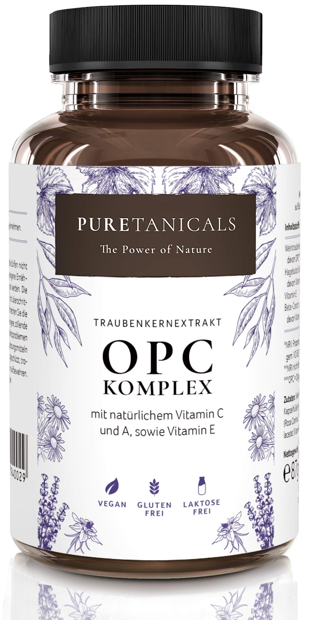 OPC Grape Seed Extract Capsules + Natural Vitamin C, A & E | Antioxidant Complex High Dose Dosage Laboratory Tested | Premium Quality 530mg Powder | Vegan Without Magnesium Stearate from Germany