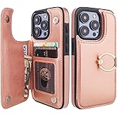 ONETOP for iPhone 15 Pro Wallet Case with Card Holder, 360° Rotation Ring Kickstand RFID Blocking PU Leather Double Magnetic Clasp Shockproof Cover for Women and Girls 6.1 Inch (Rose Gold)