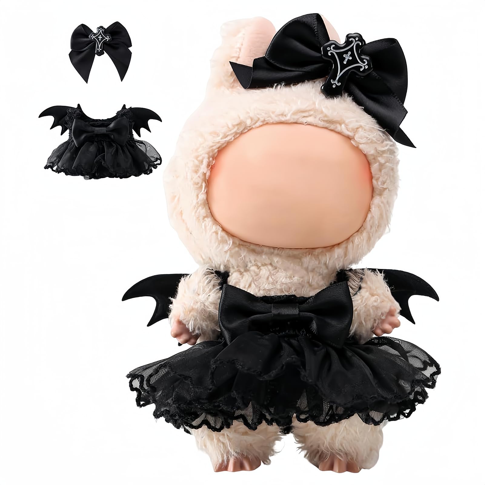 Kawaii Doll Clothes Black Devil Outfit, Lububu Clothes with Bat Wings and Bow Headpiece, 17cm Plush Doll Accessories, Cute Dress Up Sets (Dolls Not Included)