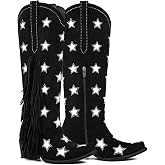 Yolkomo Women's Knee High Cowboy Boots with Fringe Western Cowgirl Boots with Rhinestones Stars
