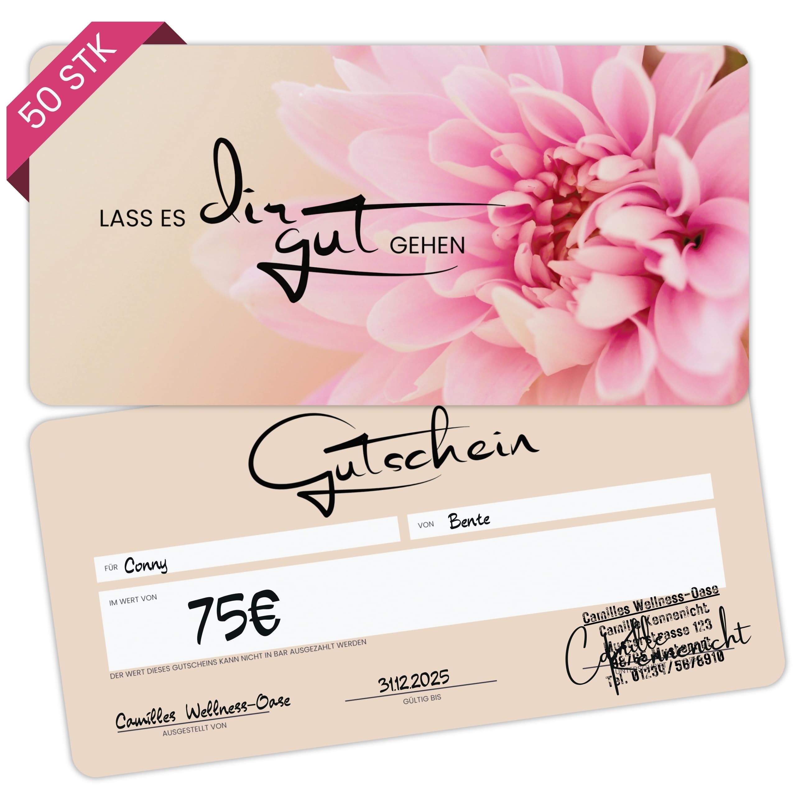 Spoddy Voucher Cards (Set of 50, DIN Long) - Blank Voucher Templates for Massage, Cosmetics, Hairdressers & Others - Neutral & Elegant Pink Lotus Gift Card Holders