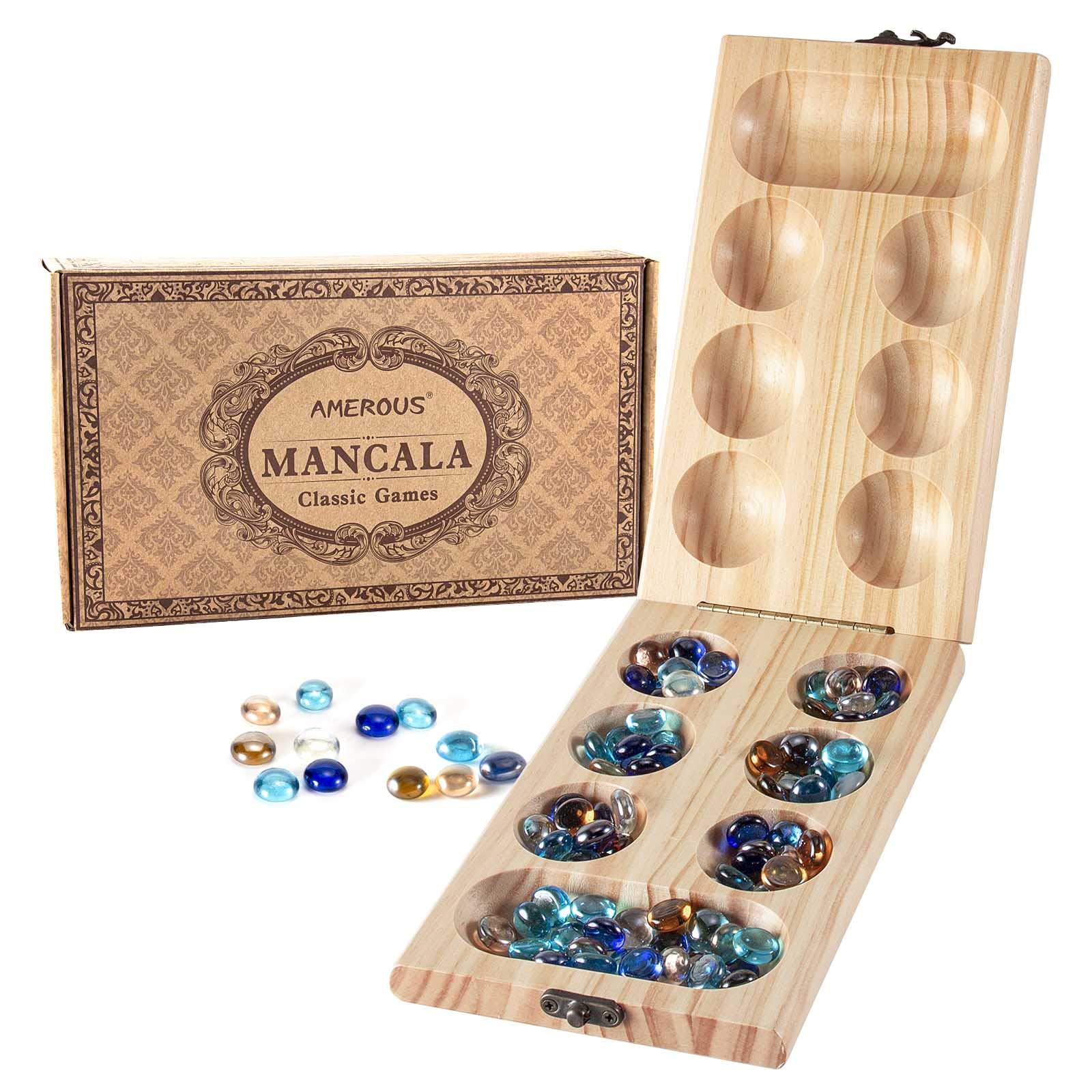 Photo 1 of AMEROUS Wooden Mancala Board Game Set - Folding Board - Multi Color Glass Stones - Gift Package - Mancala Instructions, Portable Travel Board Game for Kids and Adults