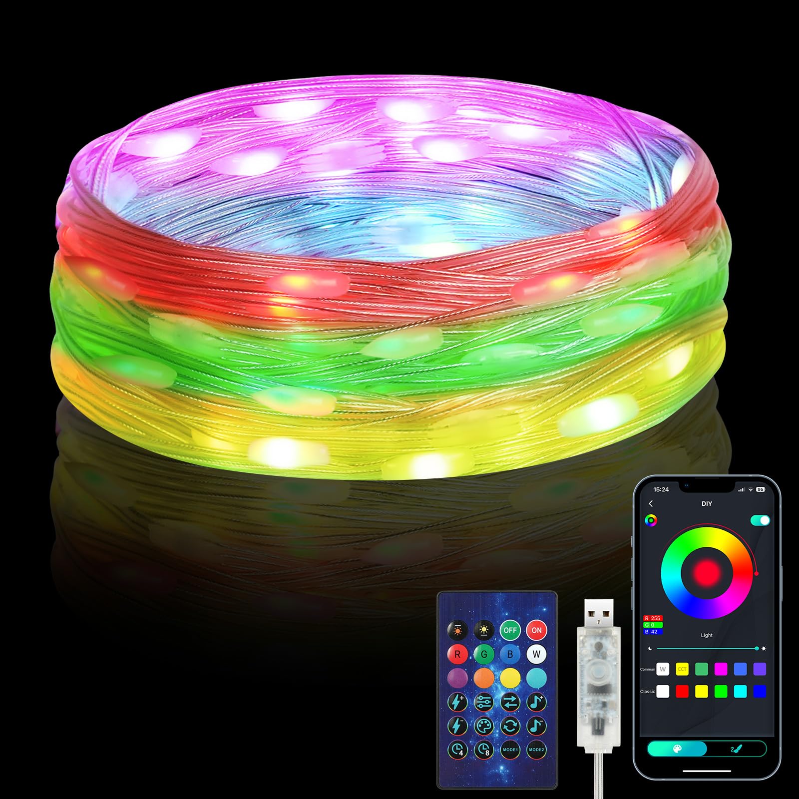 HOTUT RGB-IC Fairy String Lights Multicolor, 5M/16FT Multi Color Changing String Lights (APP & Remote Control), Christmas Halloween Lights for Indoor&Outdoor, 99+ Modes Dimmable USB Powered&Waterproof