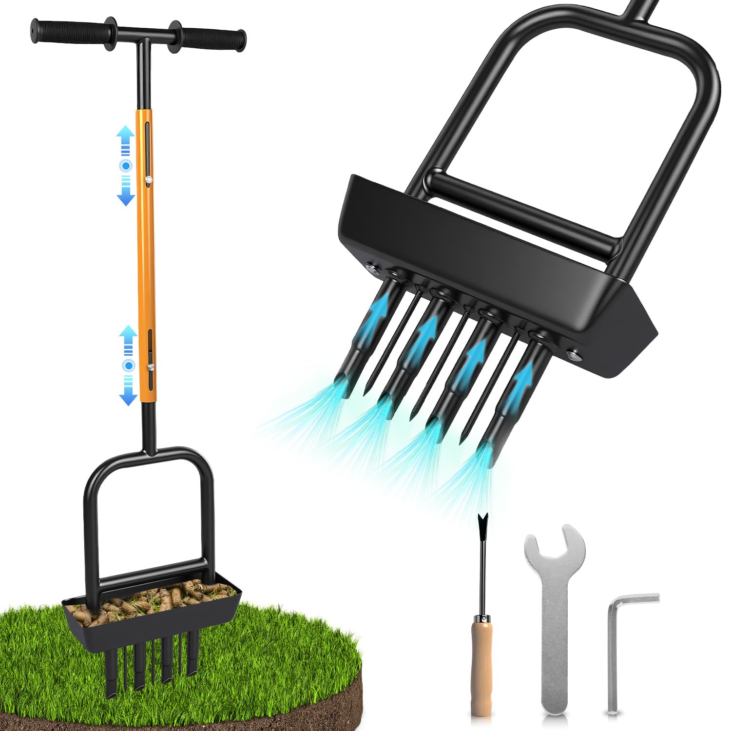 Photo 1 of 2-in-1 Manual Lawn Aerator Tool with Soil Core Storage Tray - 41.3" Heavy Duty Carbon Steel Garden Core Aerator Lawn Tool- Multifunctional Spike & Plug Aerator for Compacted Soil(Black + Orange)