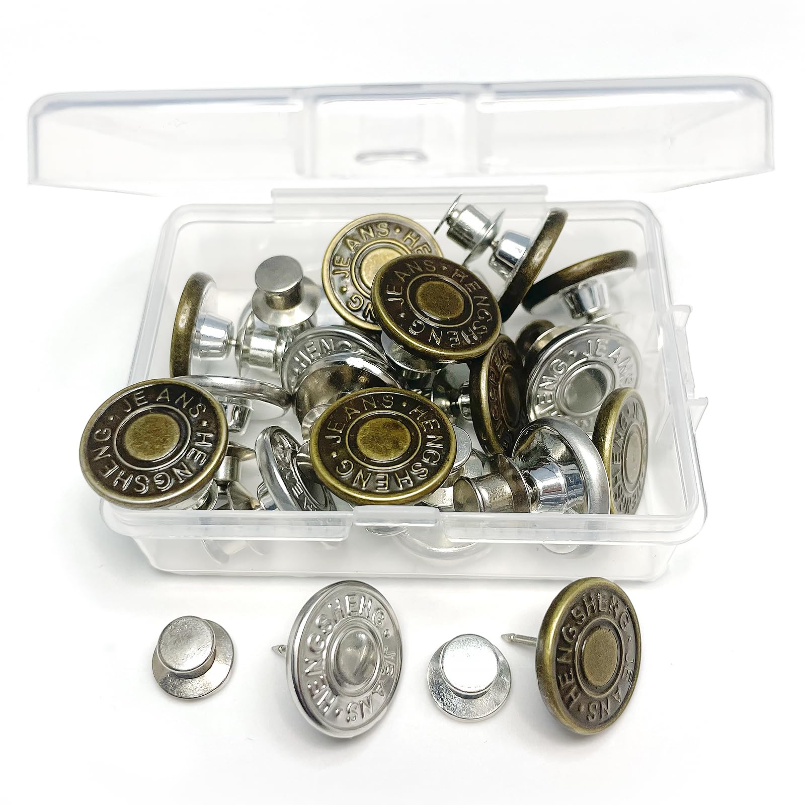 20 Sets Replacement Jean Buttons, 17mm Combo Copper Tack Buttons Replacement Kit with Rivets and Metal Base in Plastic Storage Box