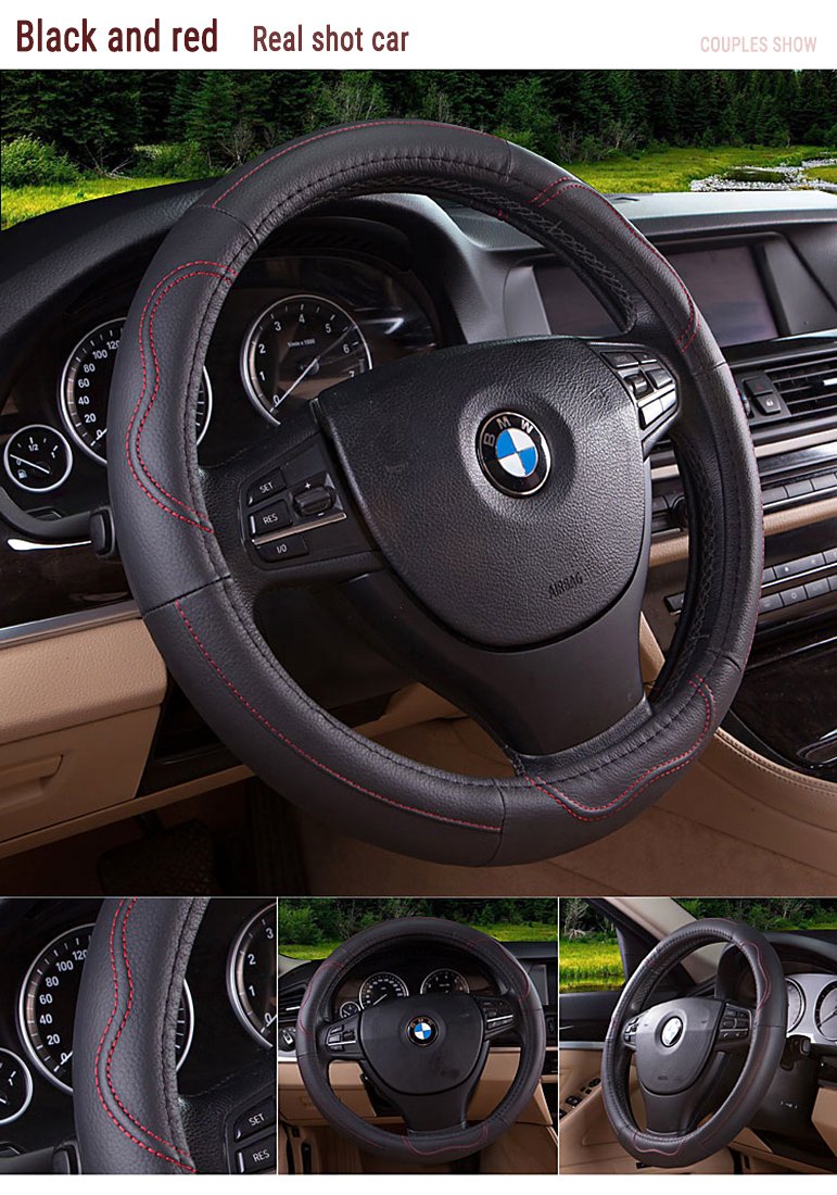 Movement Fashion Genuine Leather Car Steering Wheel Cover Fits 38cm 15 inch Auto Steering Breathable Anti Slip Skidproof- Black&red