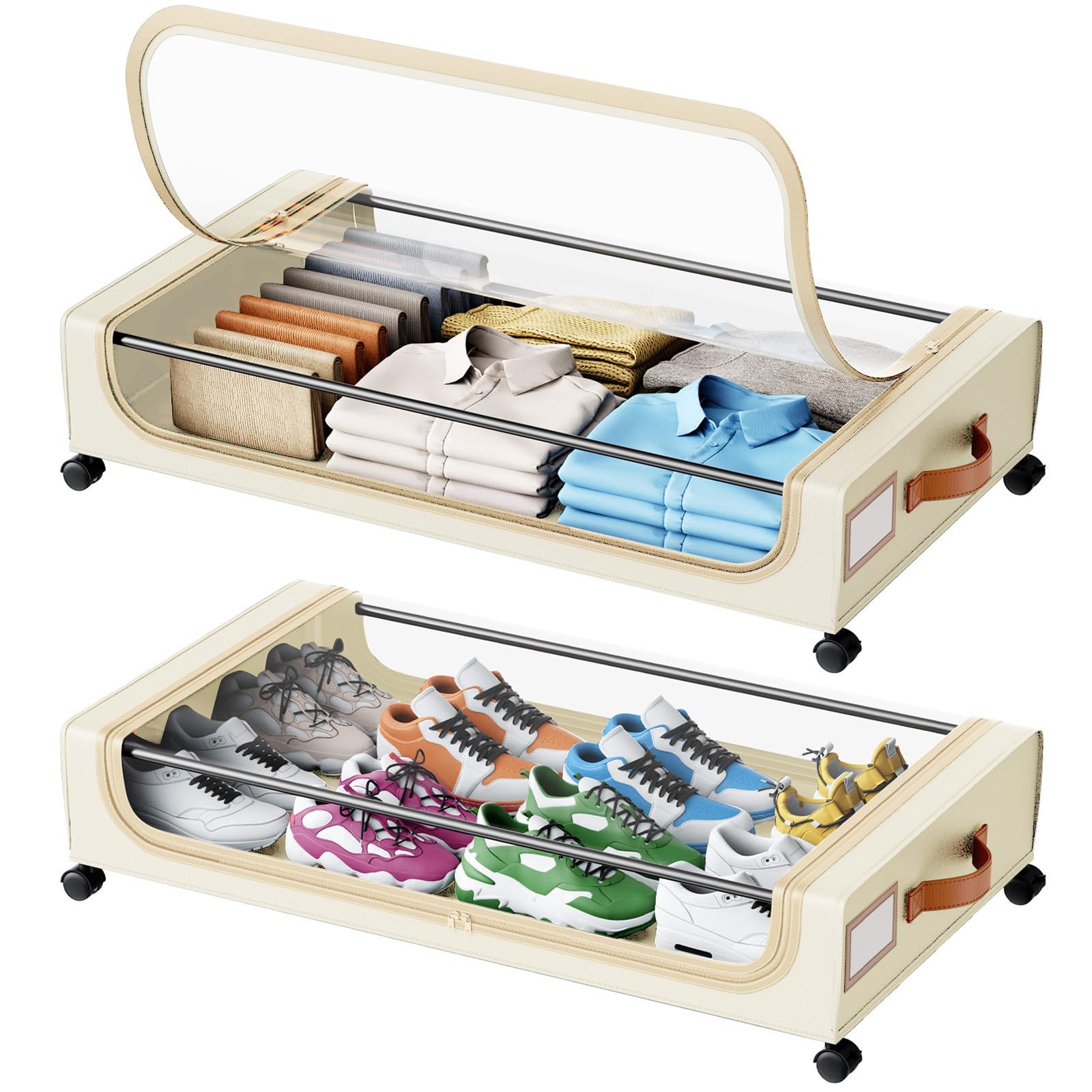 Photo 1 of Underbed Storage Containers with Wheels,2 Pack Under bed Shoe Storage Organizer Box with Clear Lid Drawer Bins Bag for Organizing Clothes, Blanket,Shoe Bedroom (Large White)