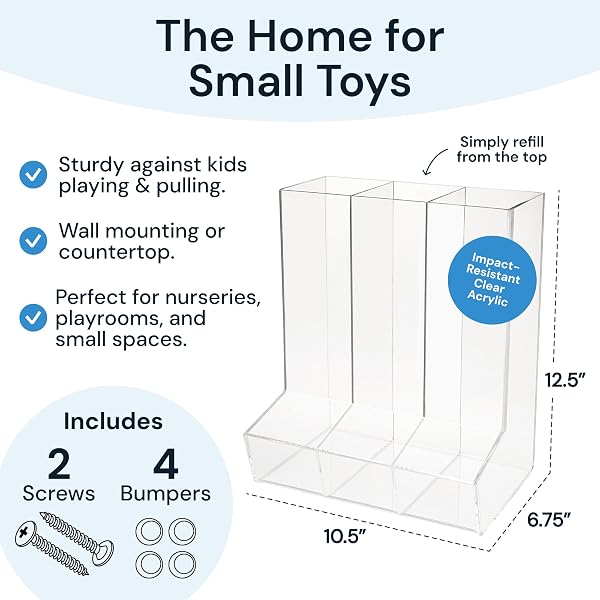 SIMPLYIMAGINE TRIPLE ACRYLIC TOY DISPENSER FOR KIDS – SELF-SERVE SNACK & TOY FOAM BLASTERS, CAR STORAGE FOR WALL OR COUNTERTOP – CLEAR 3-COMPARTMENT HANGING ORGANIZER FOR PLAYROOM & NURSERY – 12.5″ H