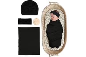 ZURLEFY Stretchy Baby Swaddle Blanket and Headband Set, Newborn Receiving Blankets with Matching Hat for Nursery Swaddle Wrap