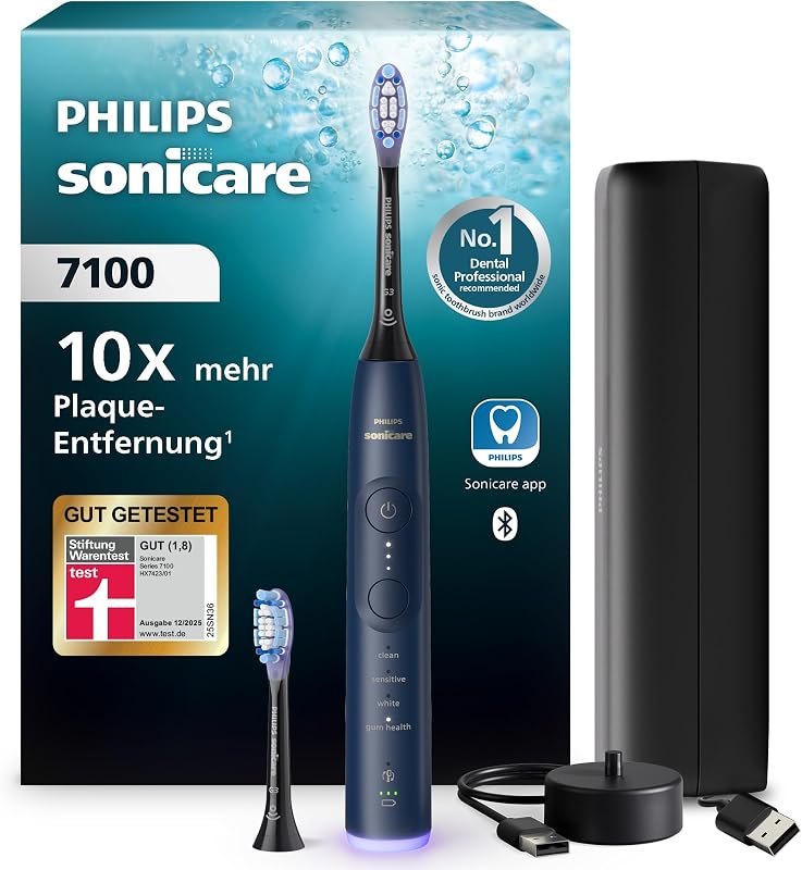 Sonicare 7100 elektrische Zahnbürste, Schallzahnbürste mit App, 4 Putzmodi, 3 Intensitätsstufen, Andruckkontrolle, EasyStart, SmarTimer, Marineblau, Modell HX7423/01 [Neue Technologie]