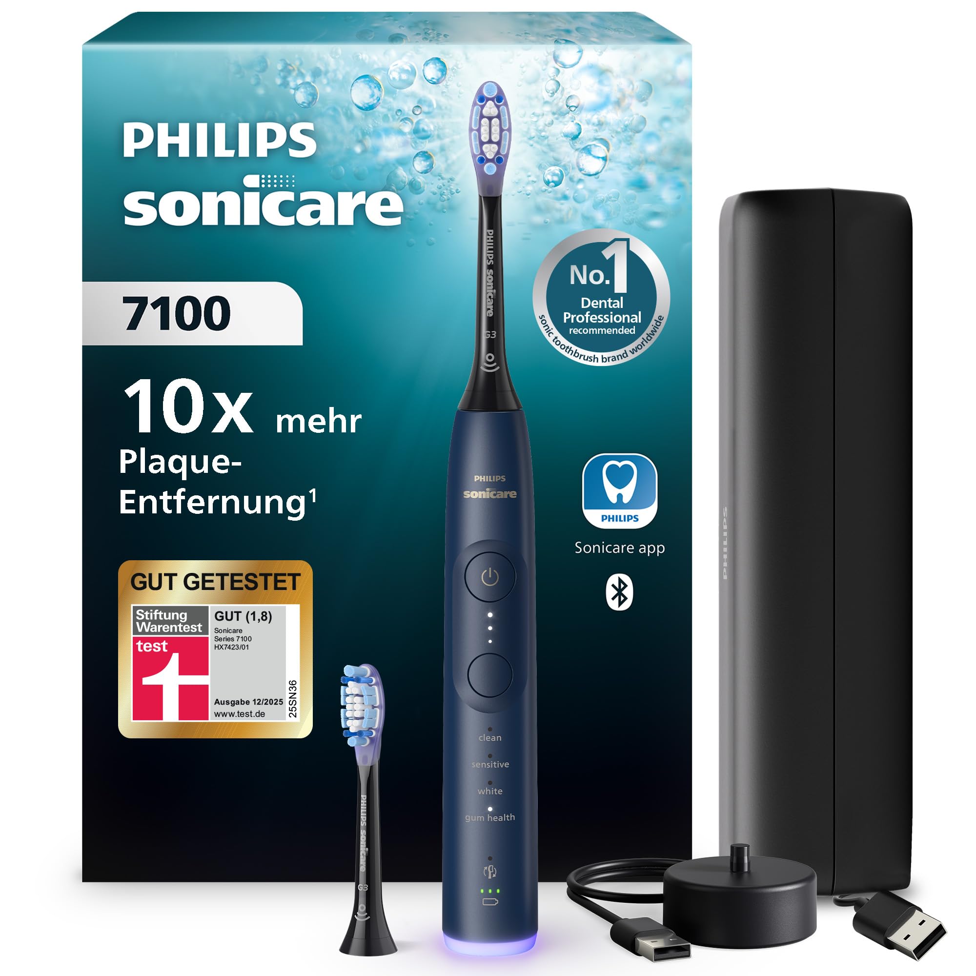 Philips Sonicare 7100 elektrische Zahnbürste, Schallzahnbürste mit App, 4 Putzmodi, 3 Intensitätsstufen, Andruckkontrolle, EasyStart, SmarTimer, Marineblau, Modell HX7423/01 [Neue Technologie]