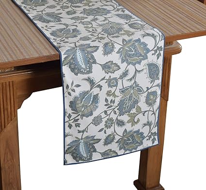 Bilberry Furnishing By Preeti Grover 100% Cotton White & Aqua Elegant Print Table Runner (TR_19) - (Table Runner Size 14x72)