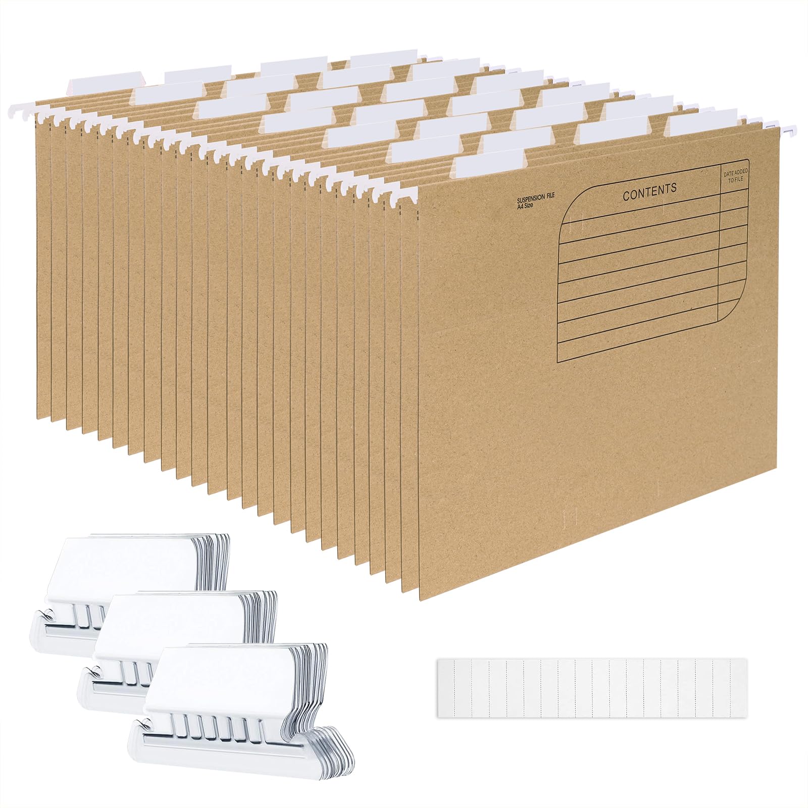 Srvnpioy A4 Suspension Files with Tabs and Card Inserts for Filing Cabinet Files, 25PCS Kraft Paper A4 Hanging Filing Folders for School Home Work Office Paperwork Organization