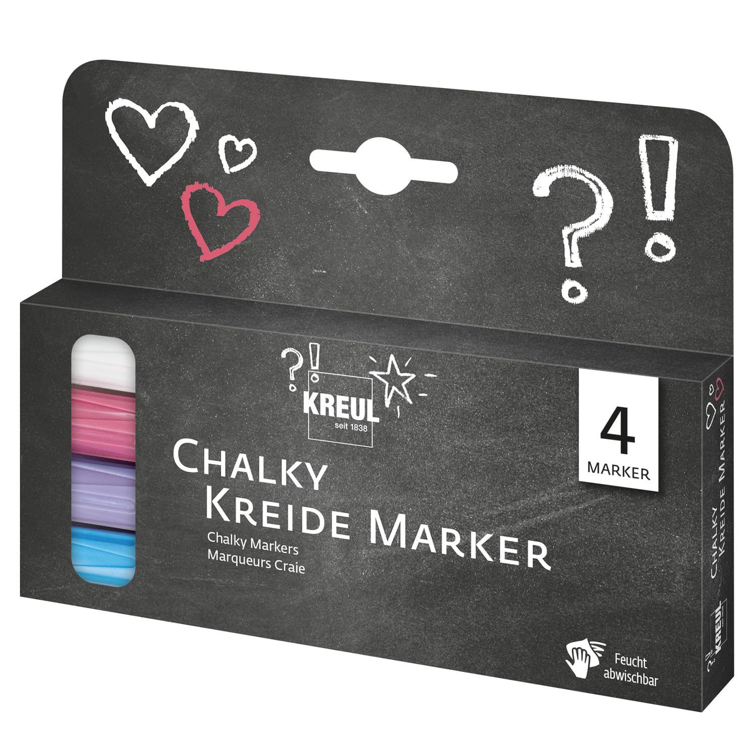 Kreul 22707 Chalky Chalk Marker Set 4 Pens with Stable Bullet Tip Approx. 2-3 mm Matte Non-Permanent Liquid Chalk for Drawing on Blackboards, Memo Boards or Glass Surfaces — image 1