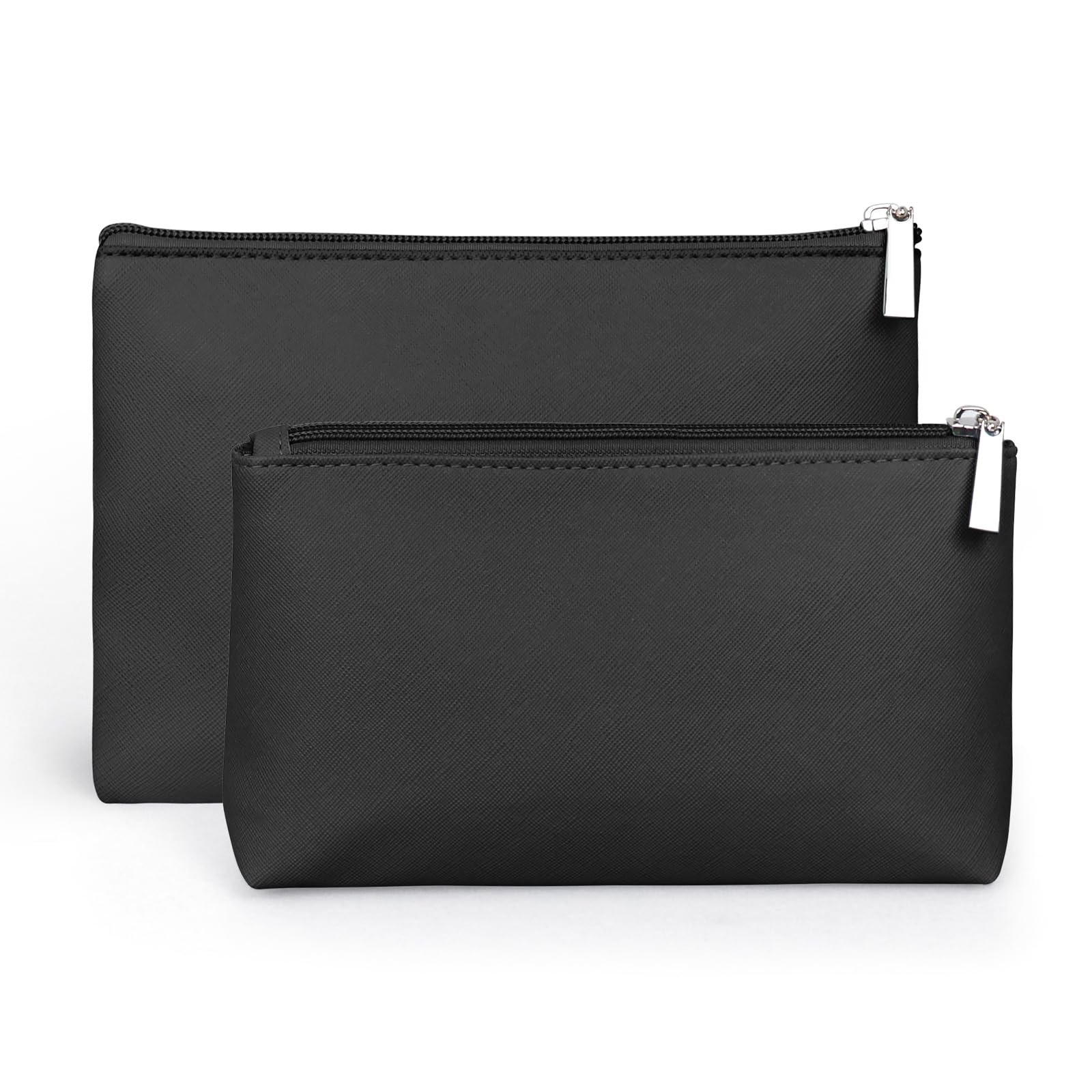 2PCS Small Cosmetic Bag, 2 Size PU Leather Waterproof Travel Toiletry Bag with Zipper, Portable Travel Makeup Pouch for Women Girls (Black)
