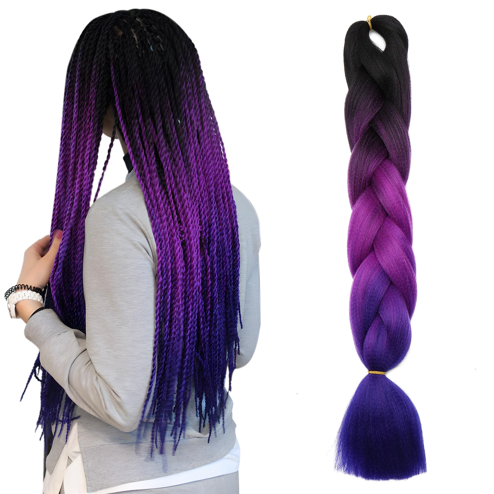 Ombre 4 Tones Braiding Hair Extensions Jumbo Braids Hair Extension Jumbo Braiding for Twist Braiding 24",1 Bundles - Black to Purple Red to Dark Blue