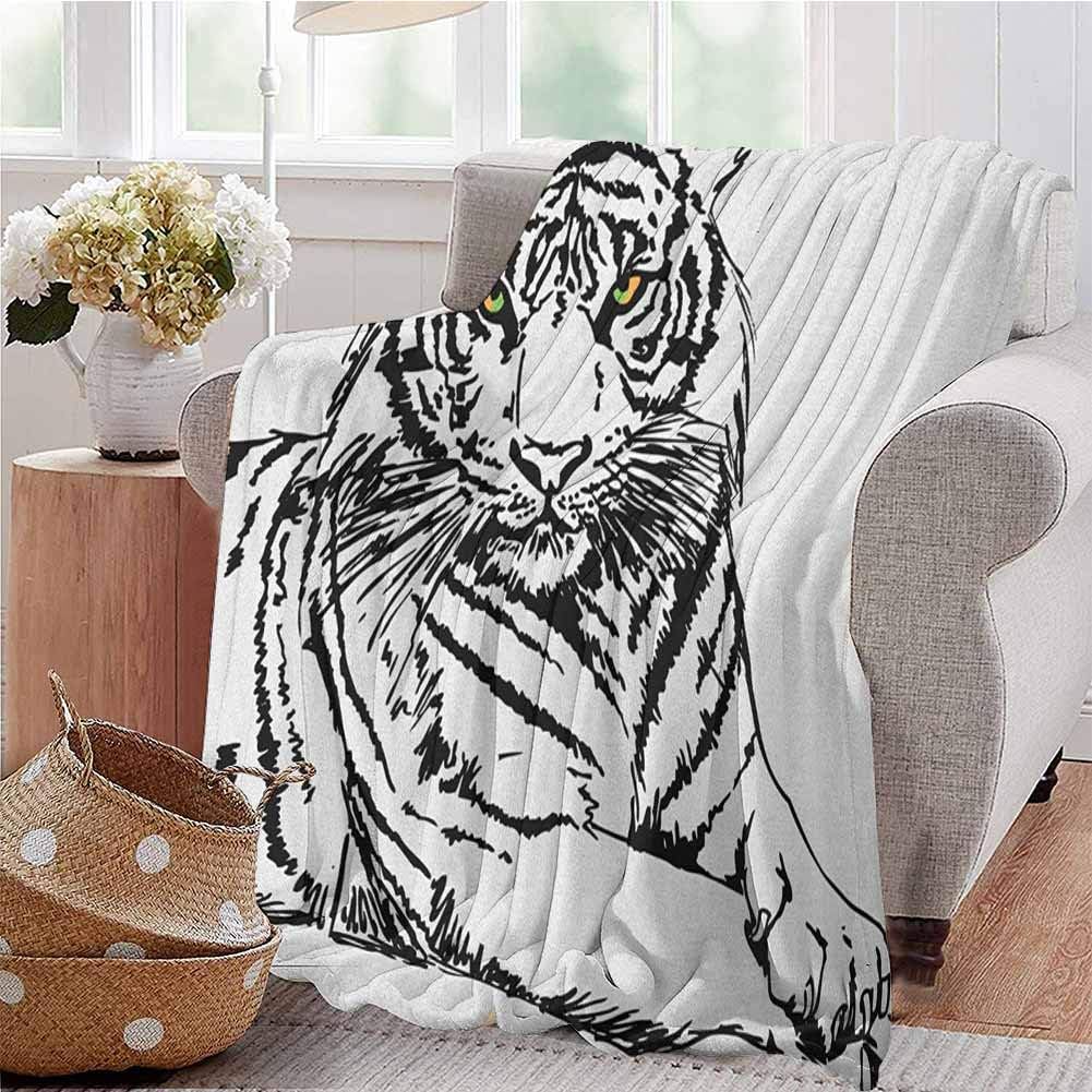 Luoiaax Safari Children's Blanket Sketch of A Posing Tiger Sharp Eyes Largest Cat Species Dark Vertical Stripes Art Lightweight Soft Warm and Comfortable W60 x L50 Inch Black White
