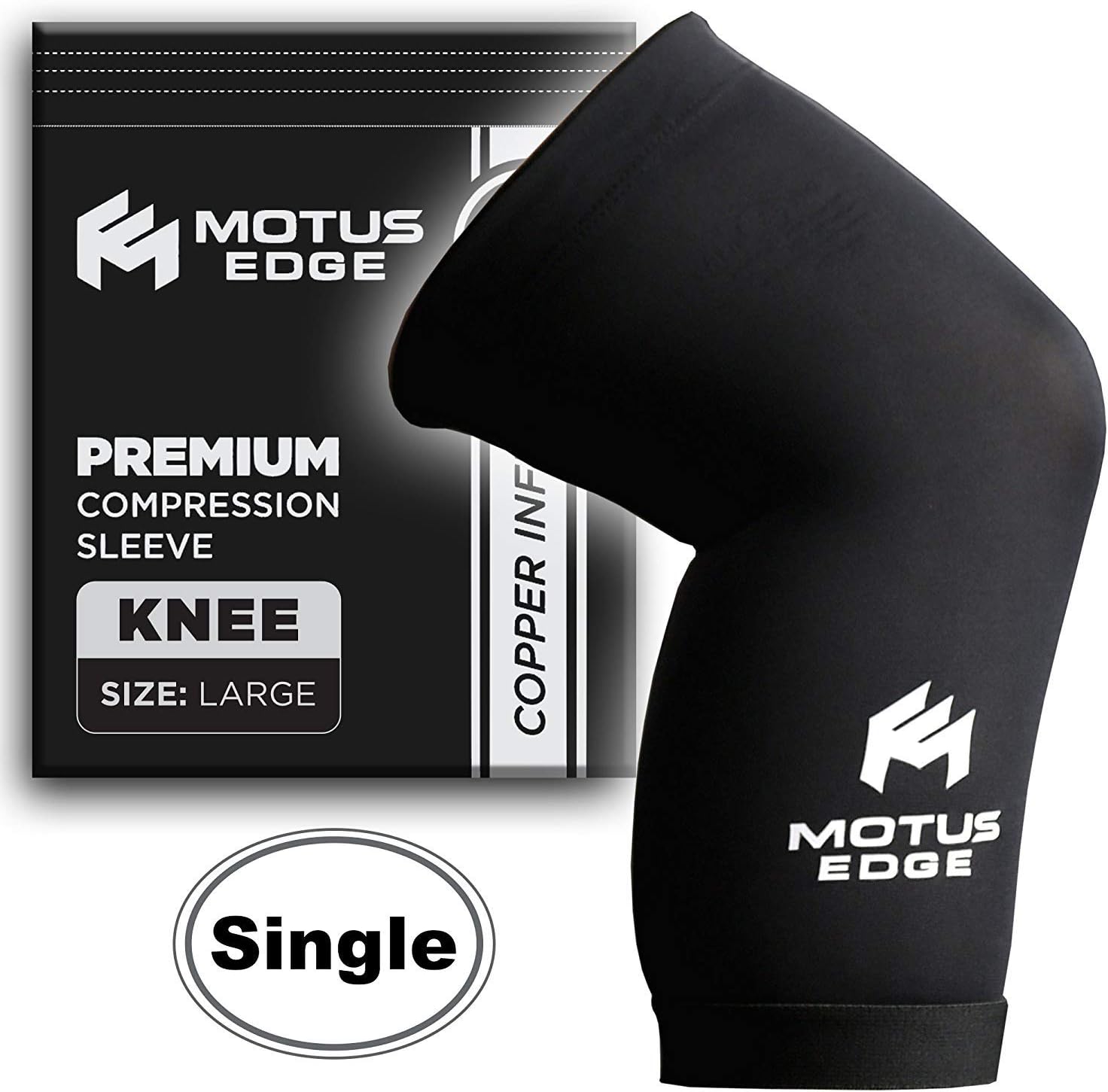 Motus Edge Copper Infused Knee Compression Sleeve for Running, Sports, CrossFit, Pain Relief, Rehab (1-pack - Large) (Large)