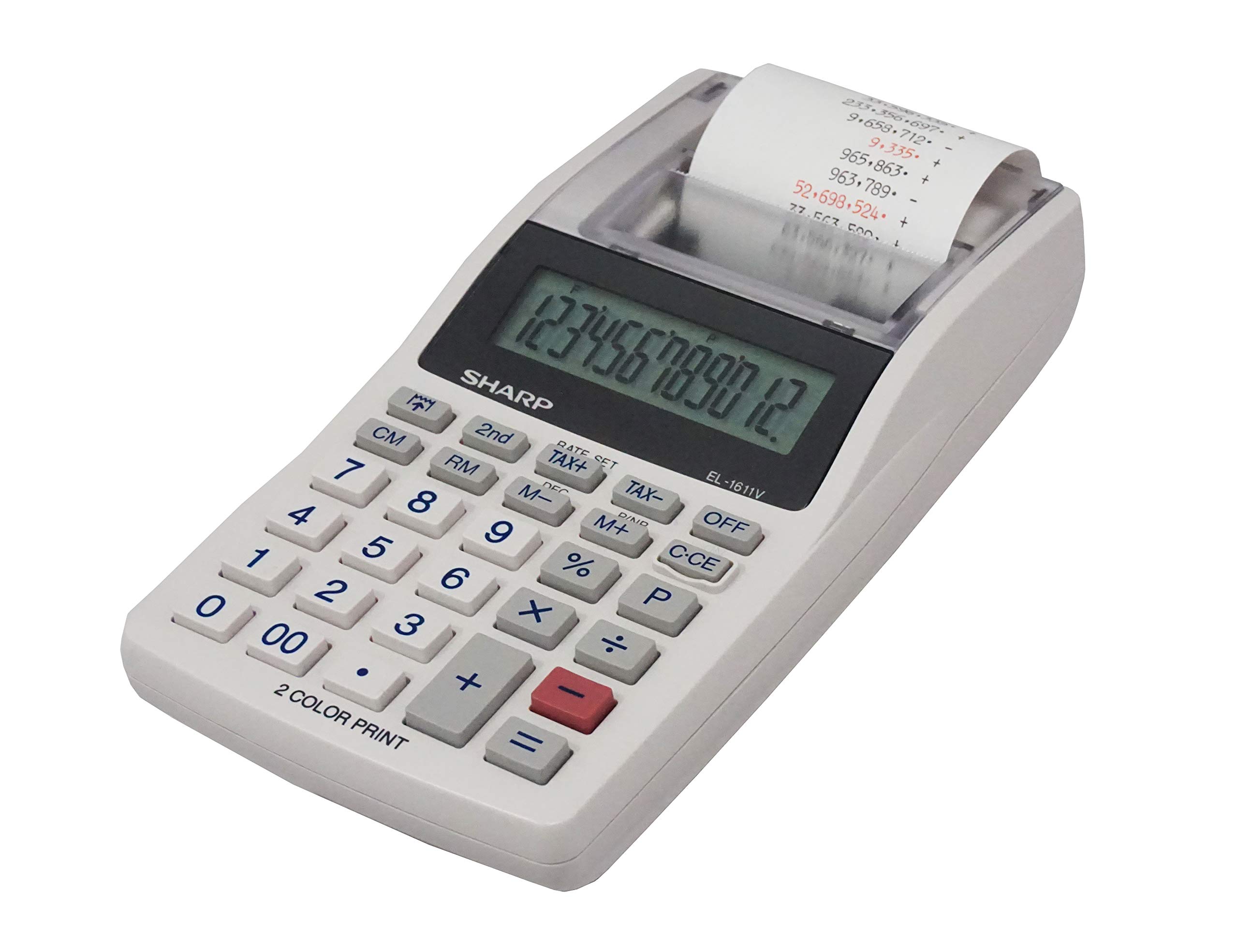 Sharp EL-1611V Handheld Portable Cordless 12 Digit Large LCD Display Two-Color Printing Calculator with Tax Functions