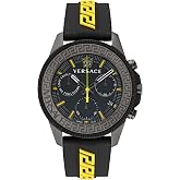 Versace Greca Action Chrono Men’s Watch, Swiss Made Luxury Chronograph Watch with Black Matte Dial, Gunmetal 45mm Case, Black Silicone Strap, Ardillon Clasp, 5 ATM