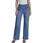 luvamia Wide Leg Jeans Woman High Waisted Trendy Stretchy Denim Work Trouser Jeans with Retro Button Flap Patch Pockets