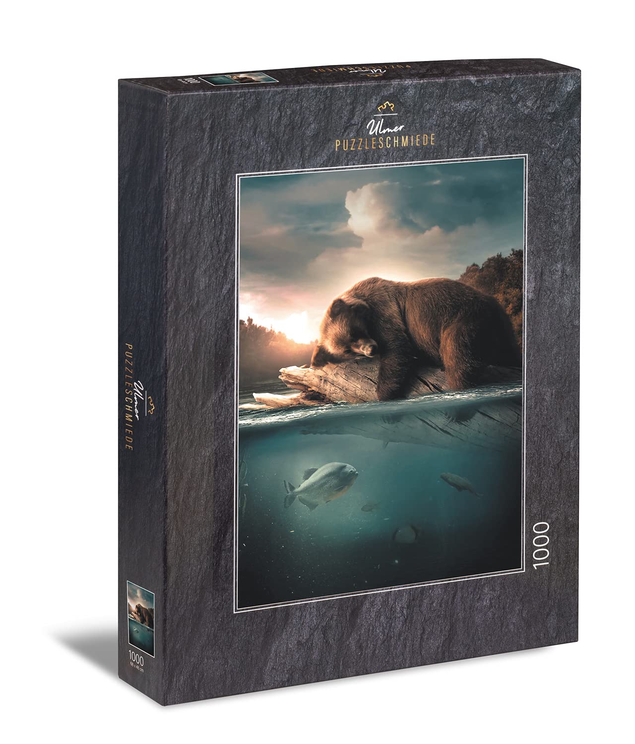 Ulmer Puzzleschmiede - Silent River Jigsaw Puzzle - Illusory 1000 Piece Wildlife Puzzle - The Bear and Fish Drives in the Silent River in Alaska's Evening Sun - Animals & Nature Imaginatively staged