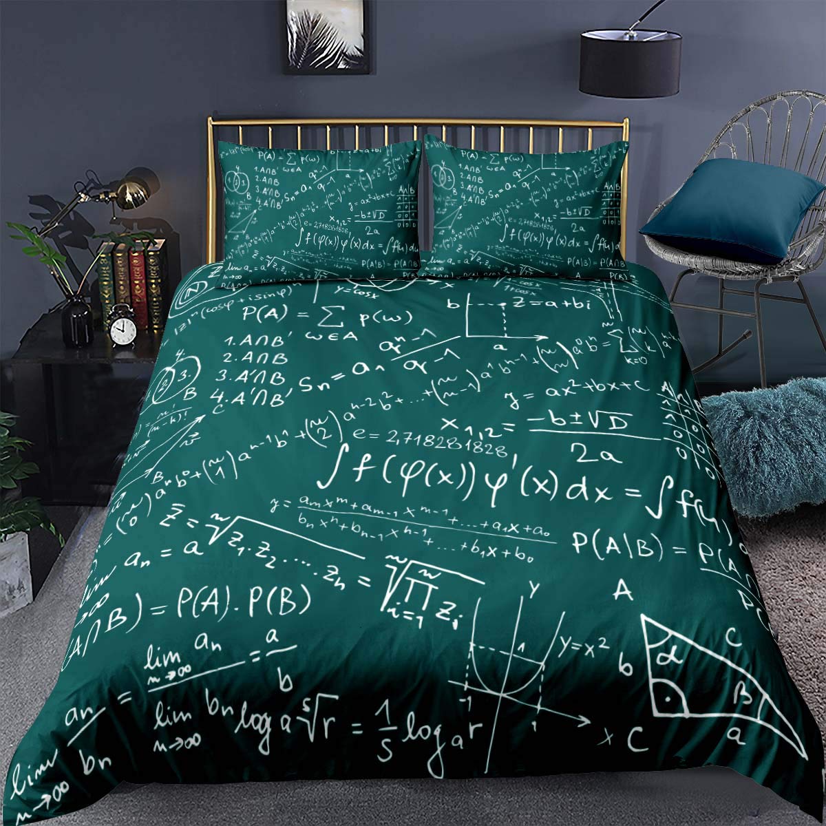 Loussiesd Mathematics Lesson Notes Bedding Set Student Boys, Equations Math Enthusiast Youth School Theme,Decorative 3 Pieces Comforter Cover Double Size(1 Duvet Cover Set & 2 Pillow Shams),Zipper