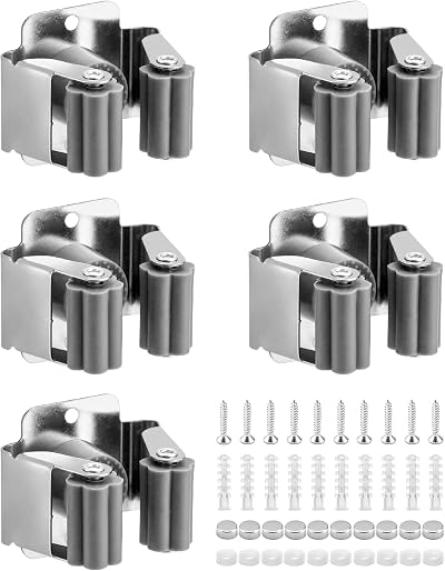 QWORK 5 Piece Mop Broom Holder Wall Mounted Organizer