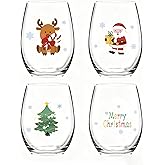 Slugeren Set of 4 Christmas Stemless Wine Glasses 17Oz, Xmas Party Decor Santa Christmas Tree Milu Deer Wine Glass, Gift for Men Women Friends Family