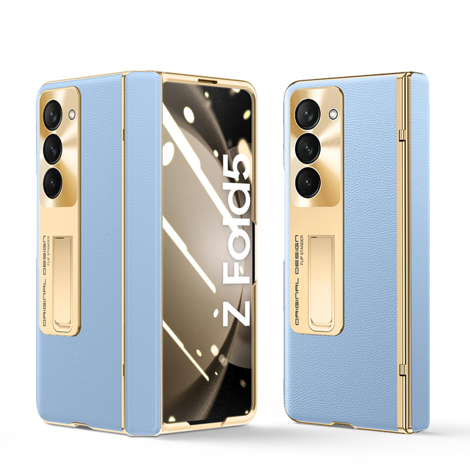 Photo 1 of Libeagle for Samsung Galaxy Z Fold 5 Case, Electroplated Frame, Leather on Back & Hinge Protection, Screen Protector, Metal Stand, Camera Protection, Thin & Slim Stand Cover 5G 2023, Blue